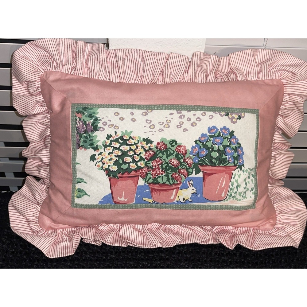 Vintage Ruffled Trim Cottage Core Accent Pillow Flower Pots Rabbit